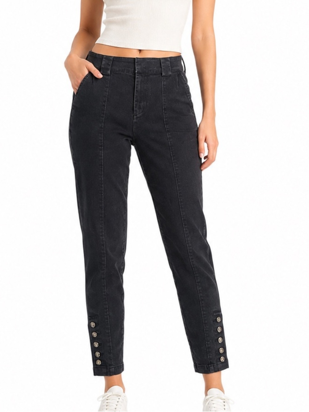 Black High Rise Jeans Classic Style Buttons on Leg Sz 2 Versatile Neutral Staple